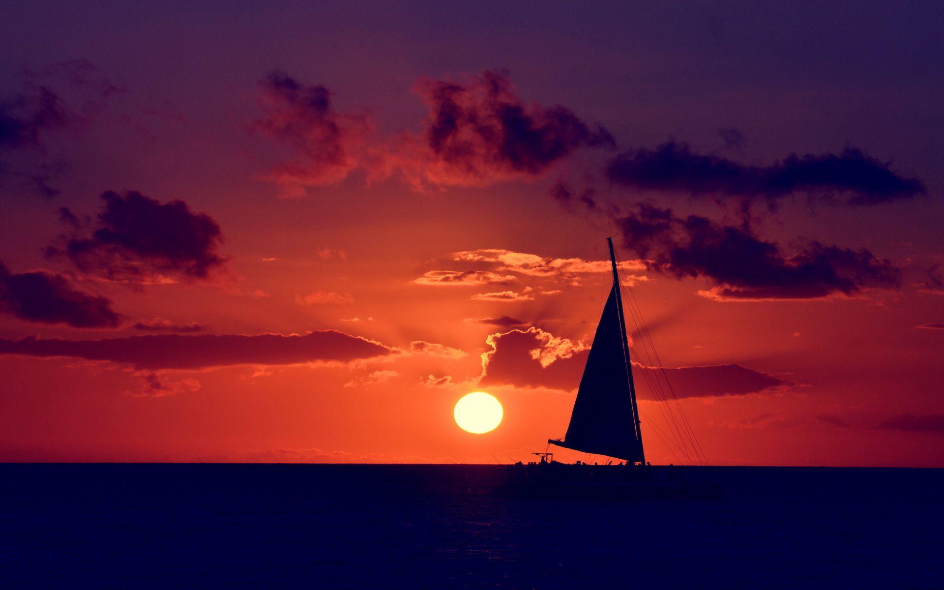 Sunset with Sailboat On Lake. Sailing ocean sunset Wallpaper