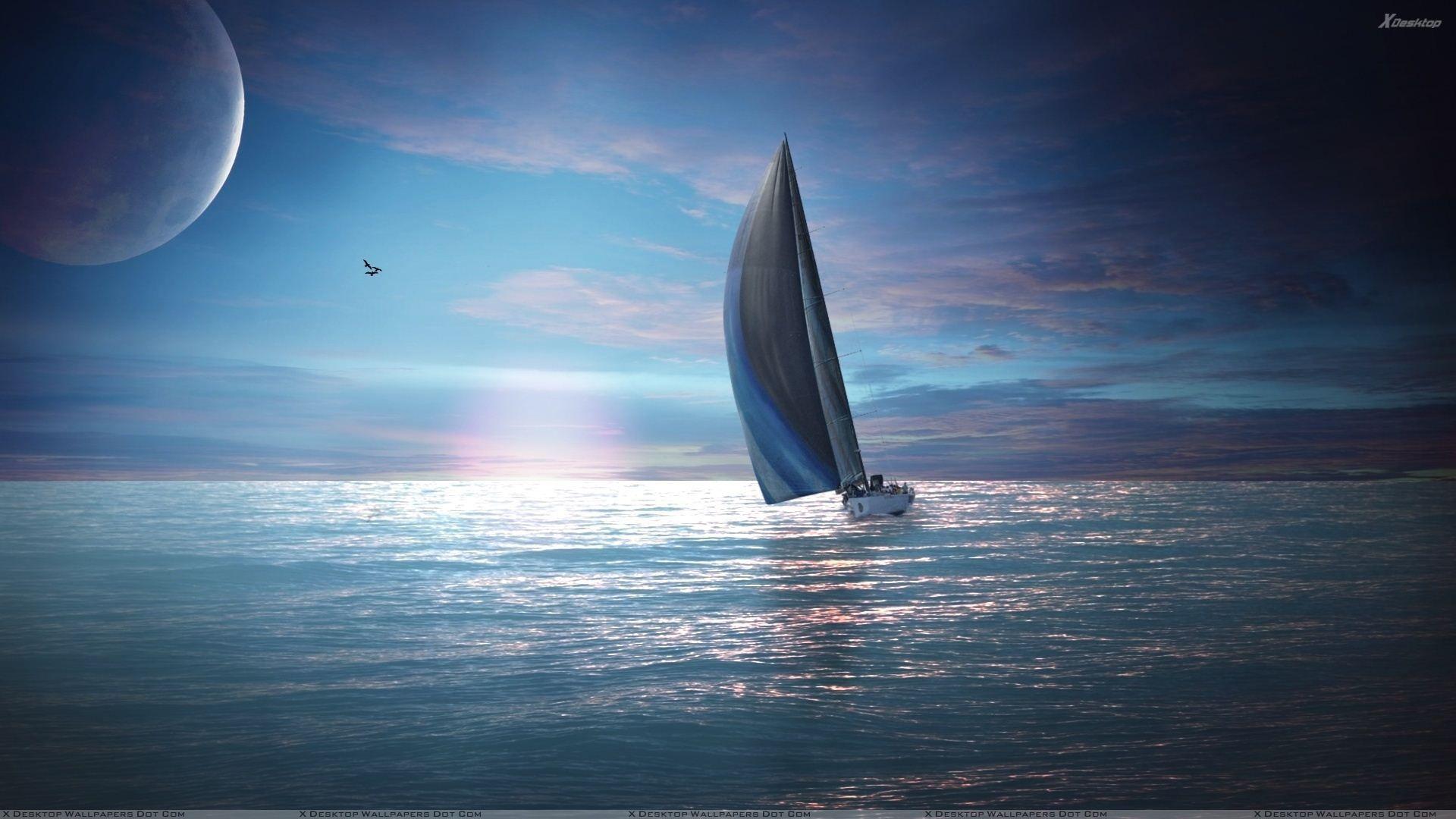 Sailing Boat In Sea At Sunset Wallpaper