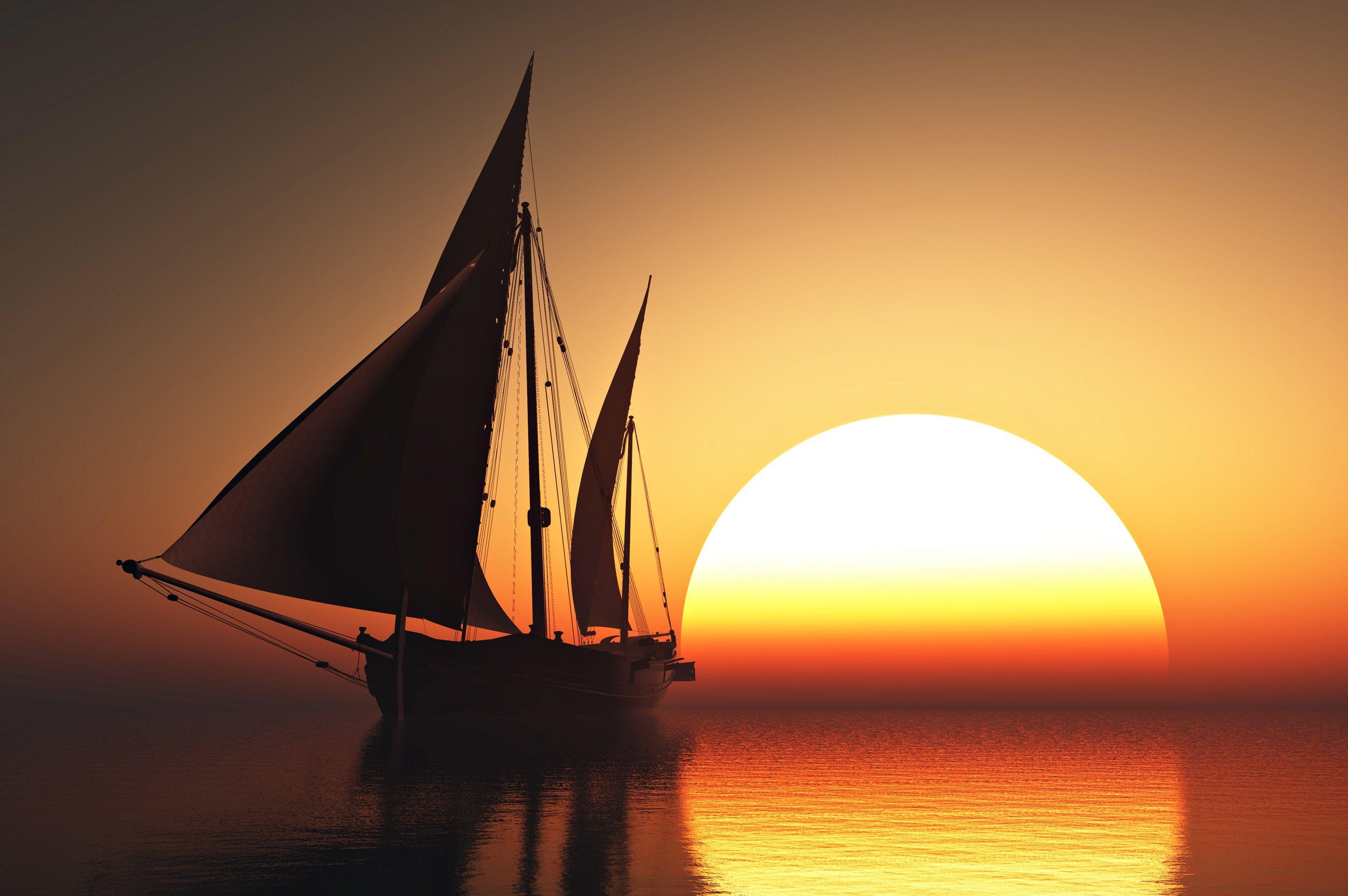 sea, sunset, boat, sailing, sun, sky, orange, beauty, romantic