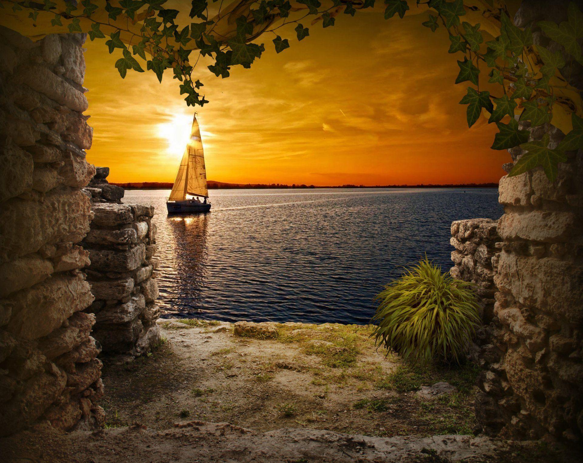 ruins window sky lake sunset boat yacht sail HD wallpaper