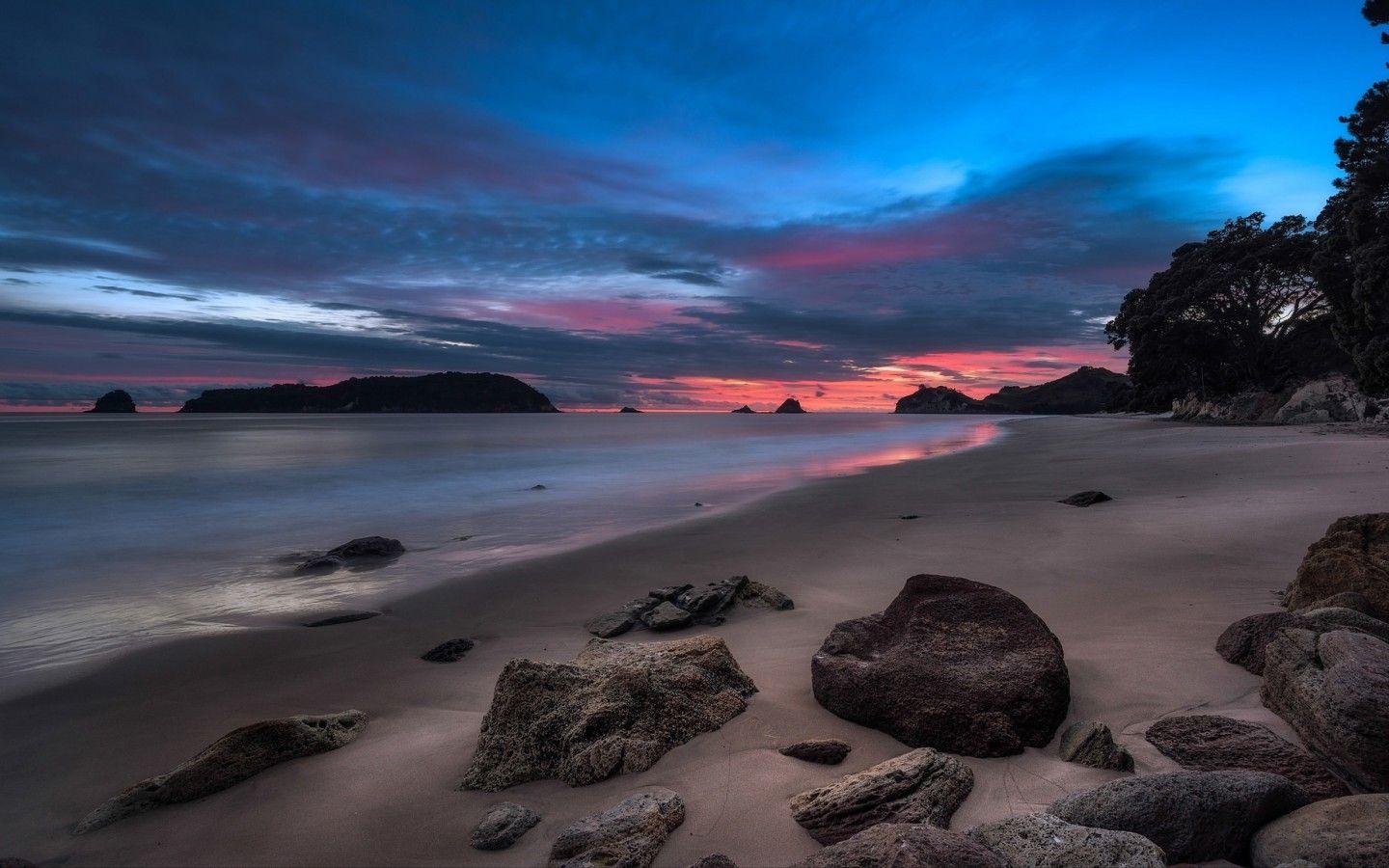 Download 1440x900 Ocean, Beach, Rocks, Horizon, Sunset Wallpaper