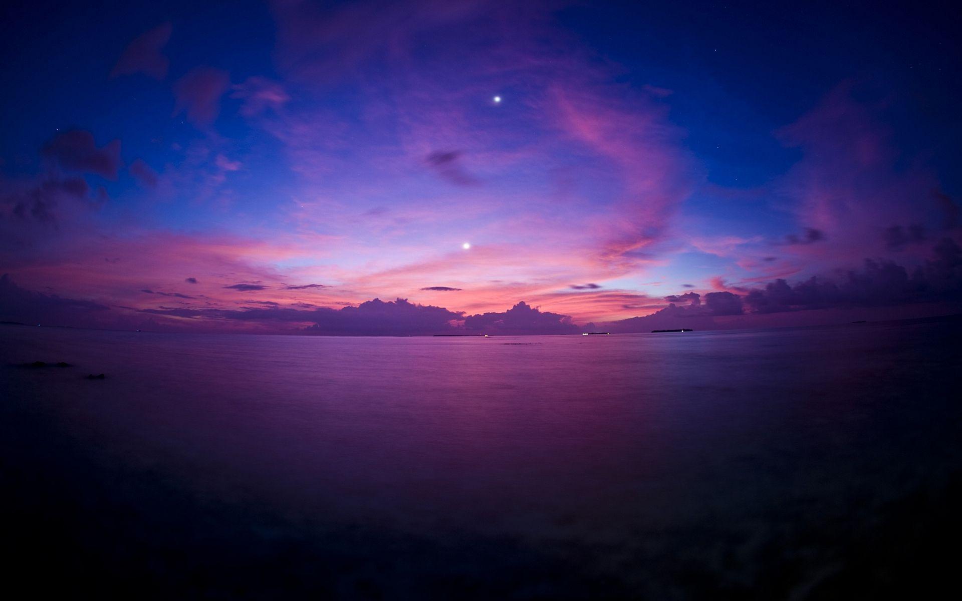 Purple Sunset, Ocean, Horizon, Landscape. Luminous Mortal. Beach