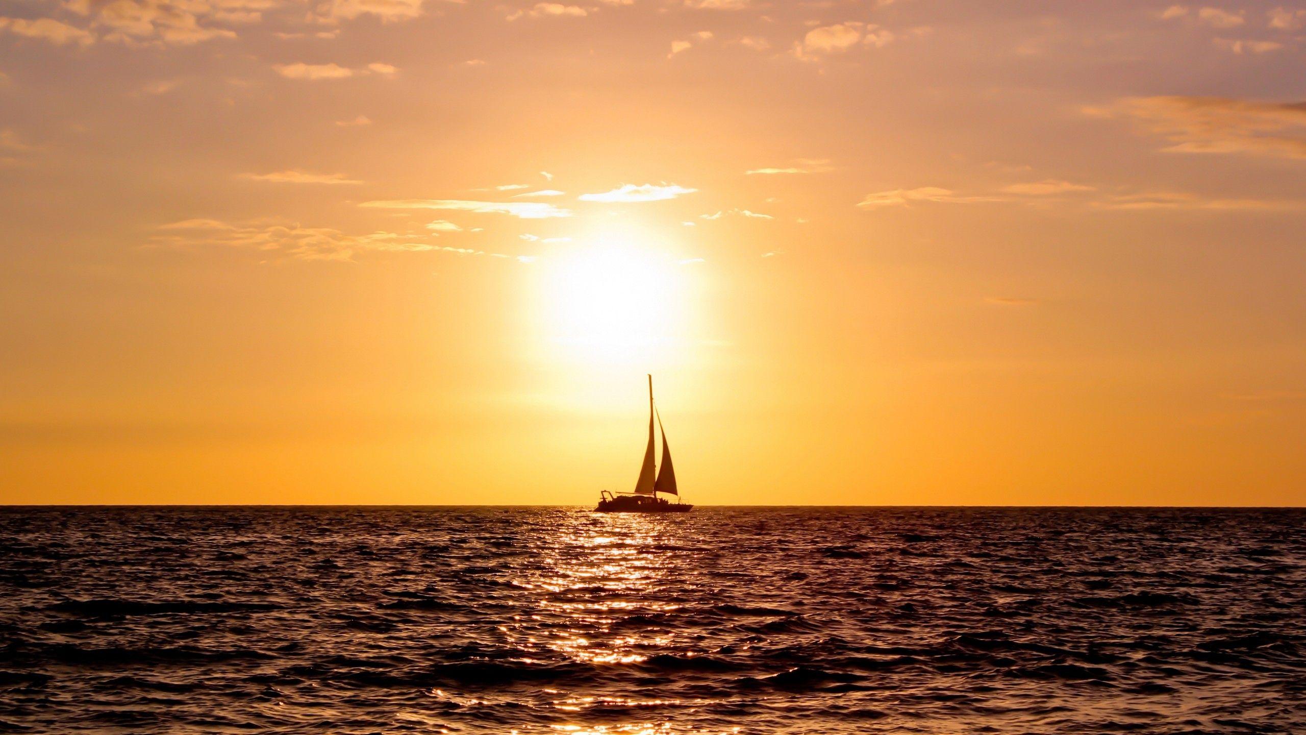 Wallpaper Sunset, Boat, Horizon, 4K, Nature