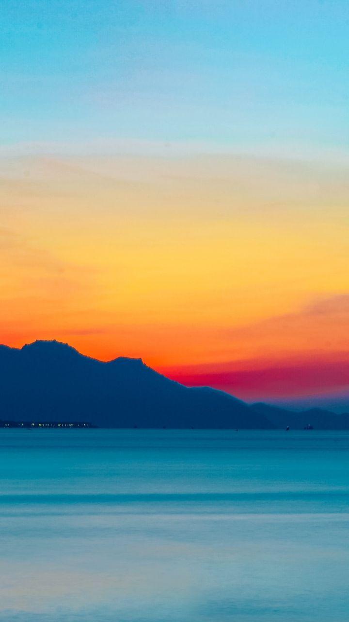 Sunset, sea, mountains, horizon, nature, 720x1280 wallpaper. Sunset