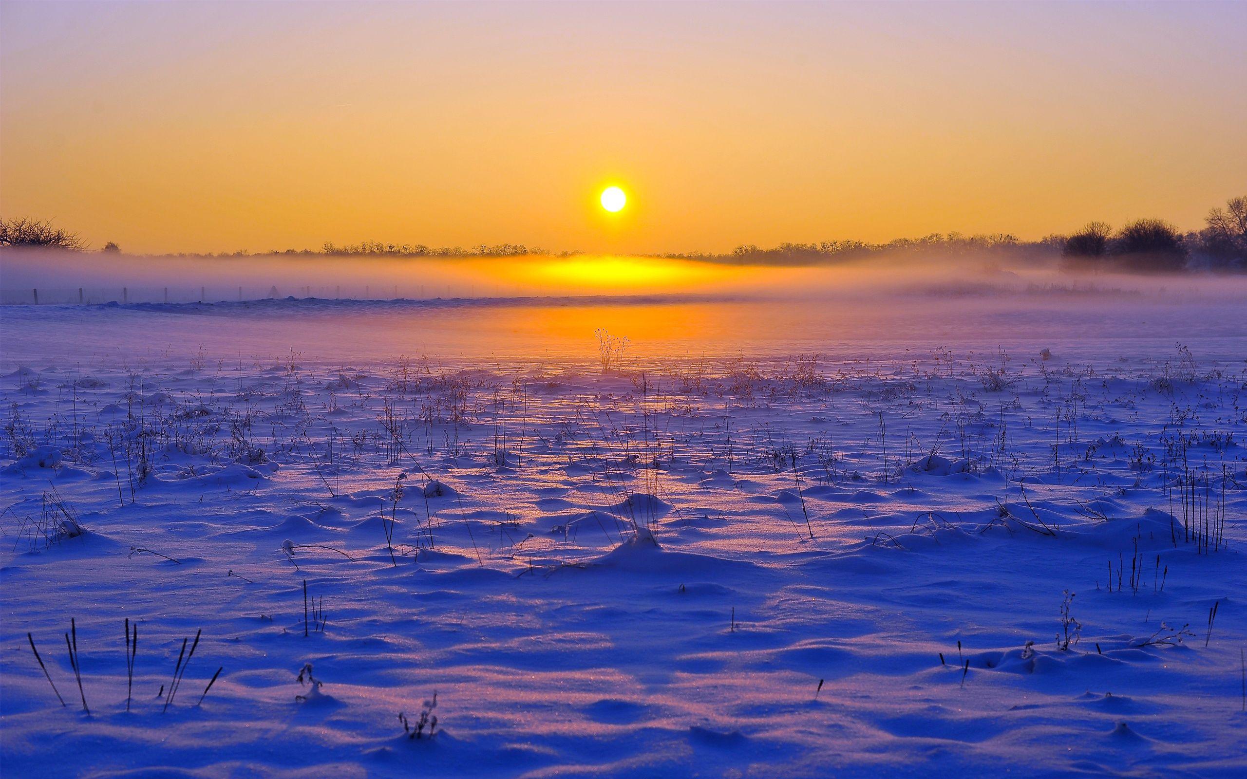 Winter snow horizon fog field sunrise sunset wallpaperx1600