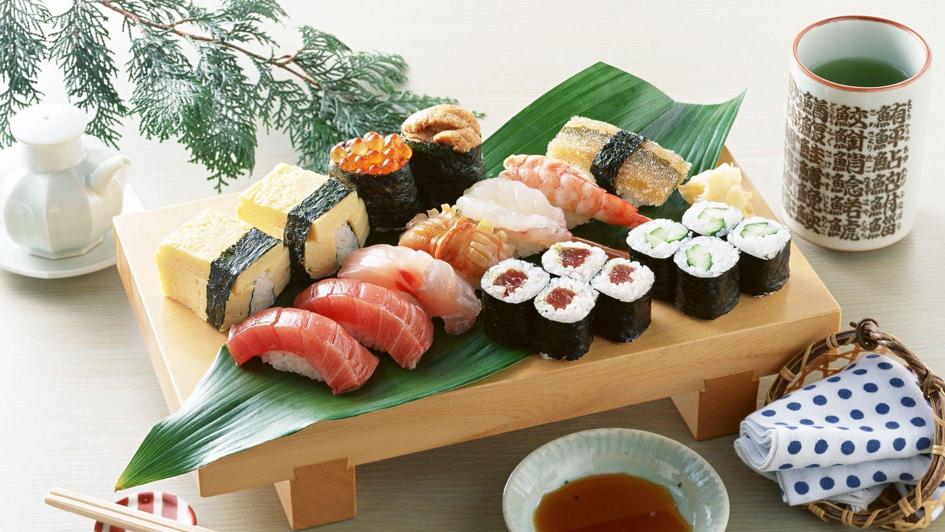 Download wallpaper 1920x1080 rolls, sushi, seafood, plate, food