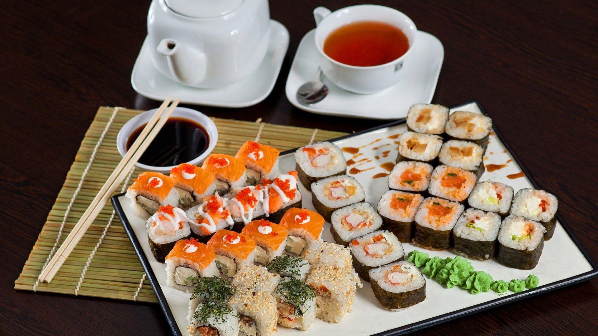Download 1920x1080 Sushi, Soy Sauce, Tea, Chopsticks, Japanese Food