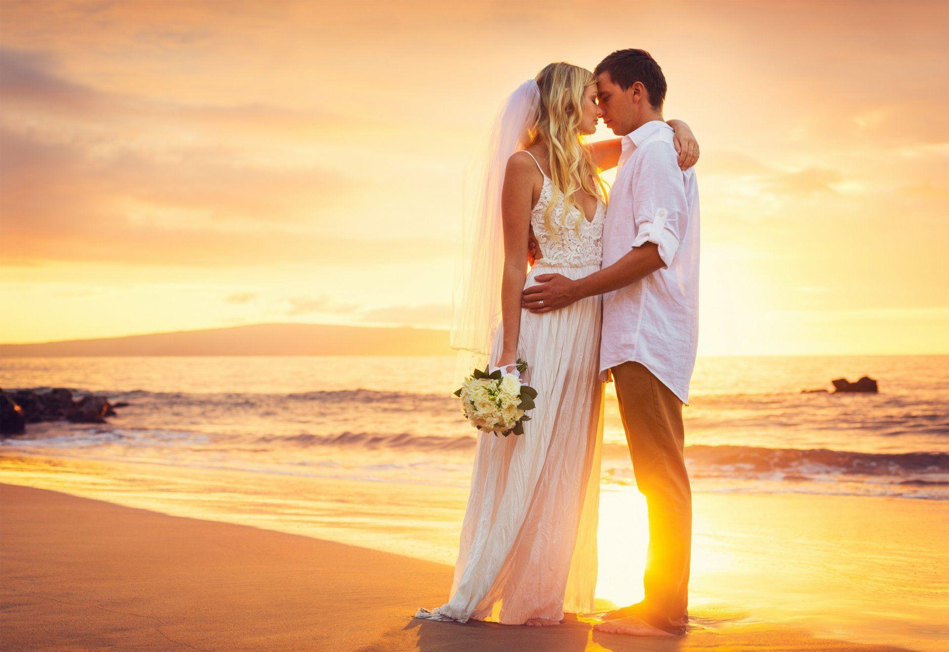 wedding couple bride beach sea happy kissing just married sunset HD