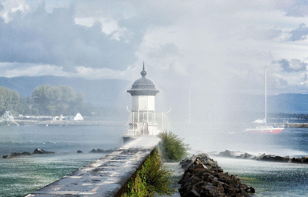 Wallpaper Switzerland Lake Geneva Nature Lighthouses Spray