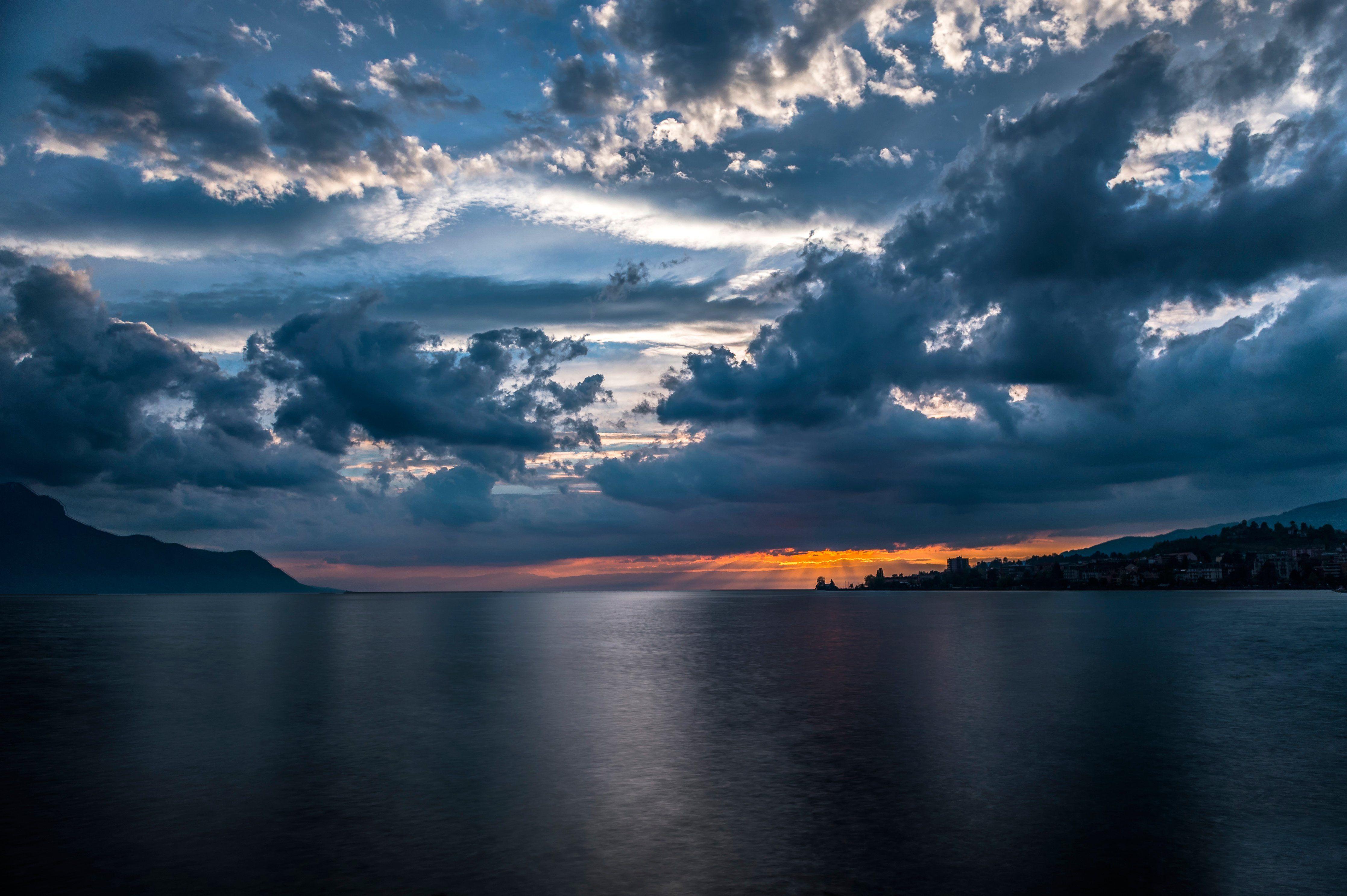 Lake Geneva Switzerland the city of Montreux sky clouds sunset sunrise wallpaperx2974