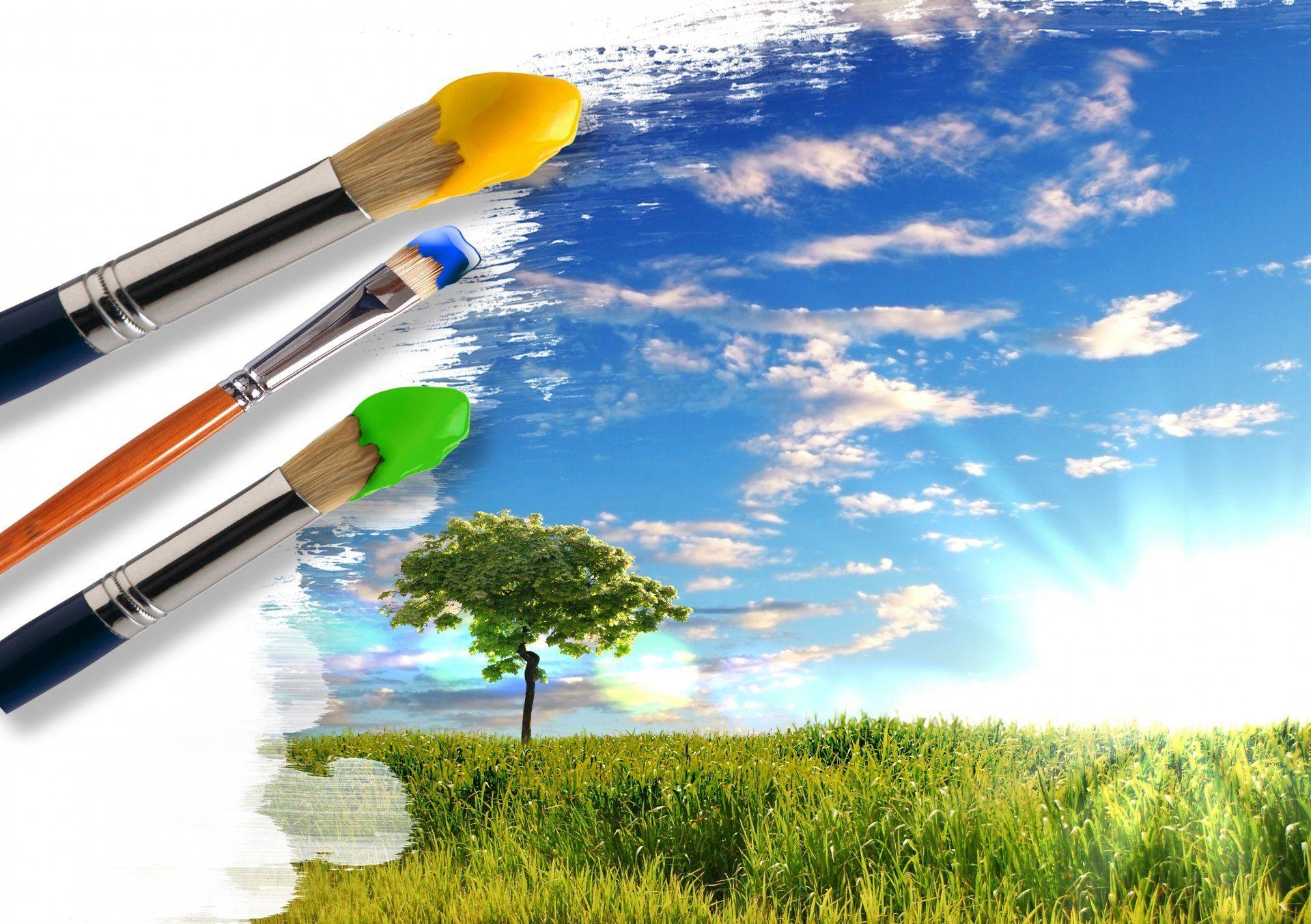 creative paint brush grass green tree sky sun clouds HD wallpaper