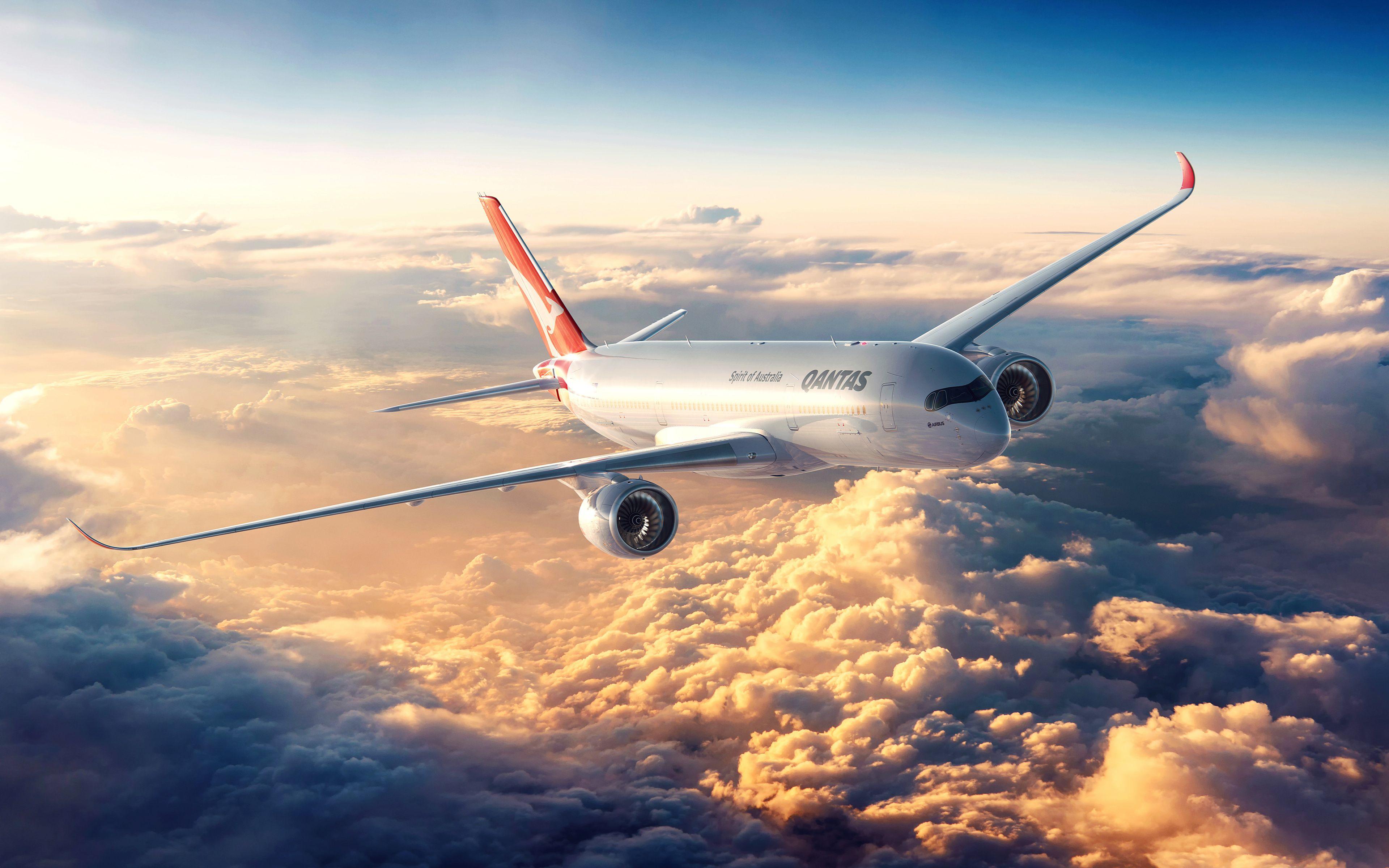 Download wallpaper Airbus A350 XWB, 4k, passenger plane, Qantas
