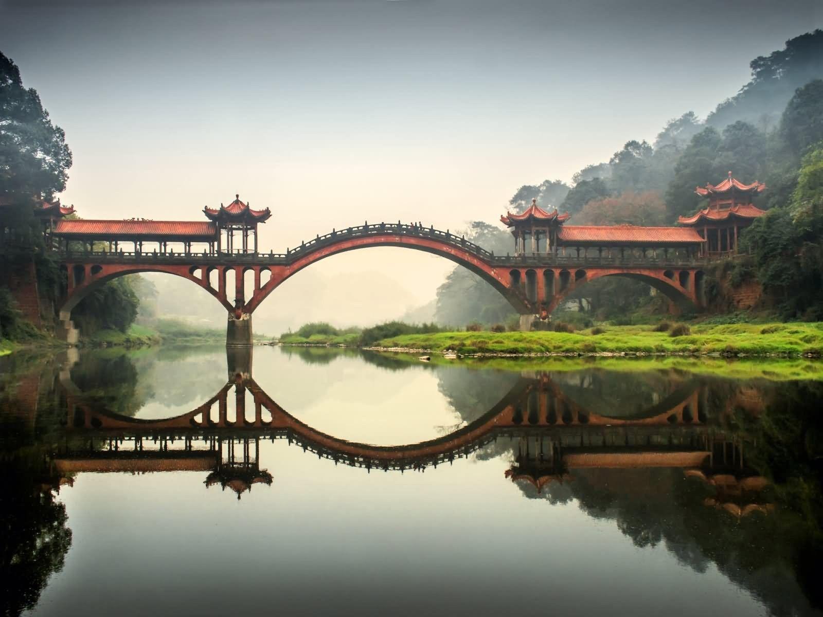 bridge reflection landscape china sichuan wallpaper and background