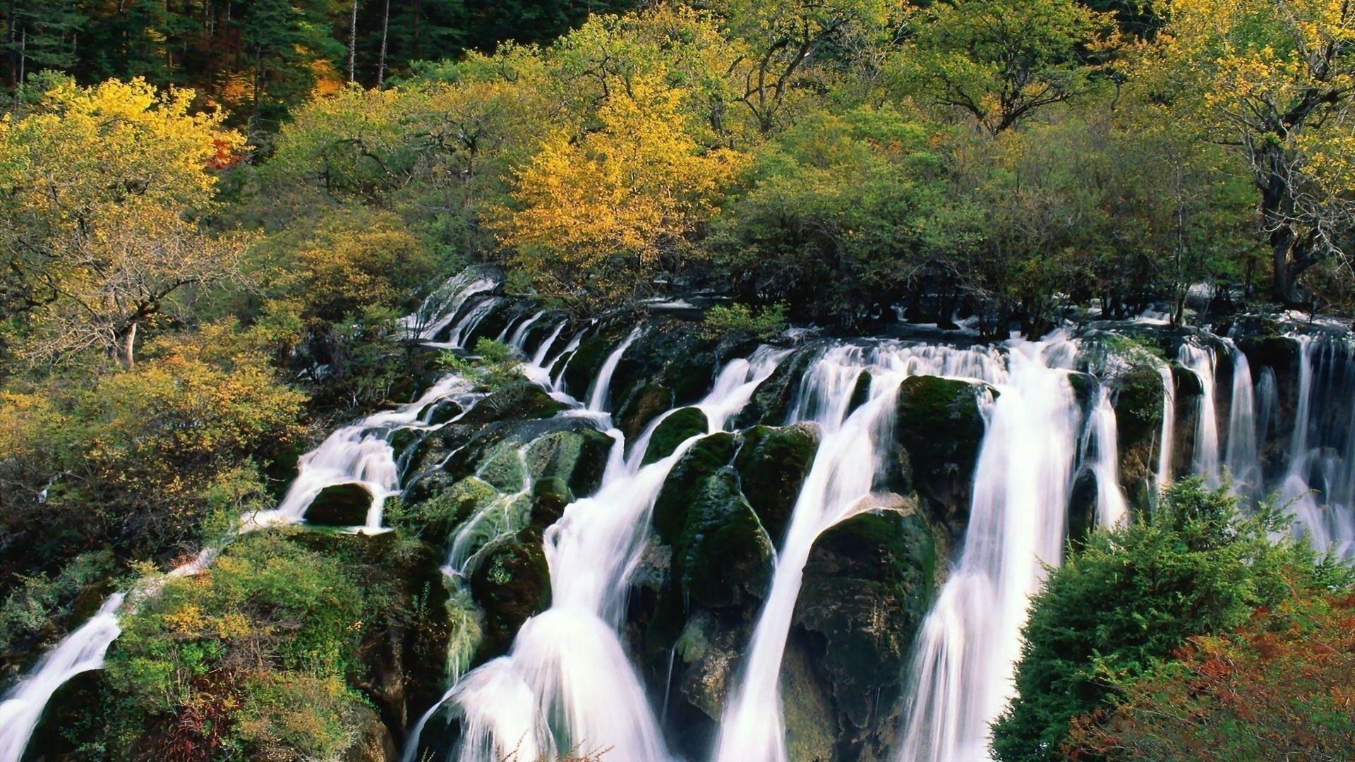 Sunset: Wonderful Waterfall Sichuan China Valley Trees Rocks