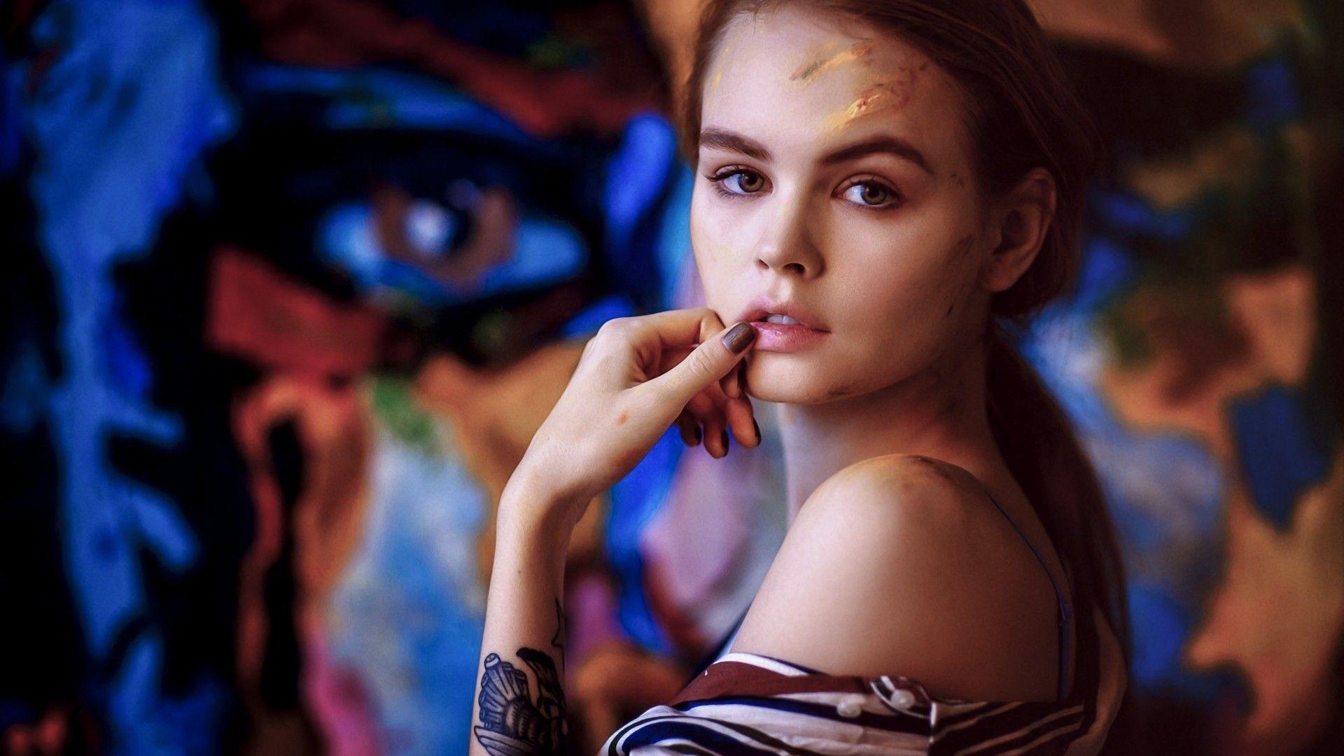 Download 1920x1080 Anastasia Scheglova, Paint, Model, Tattoo, Finder