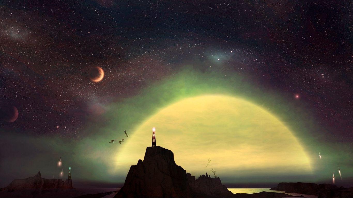 Download wallpaper 1366x768 mountain, light, sky, lighthouse