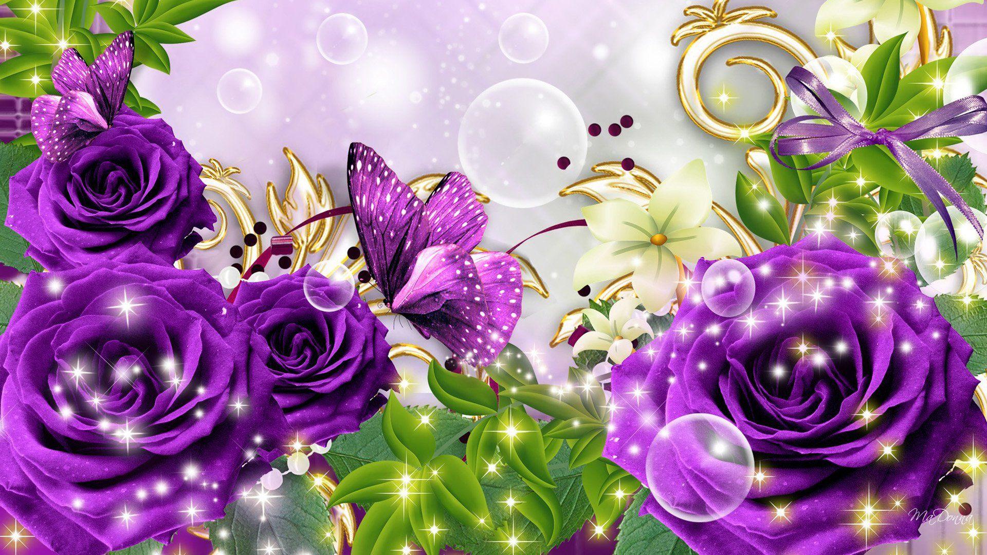 Purple Roses and Butterflies HD Wallpaper