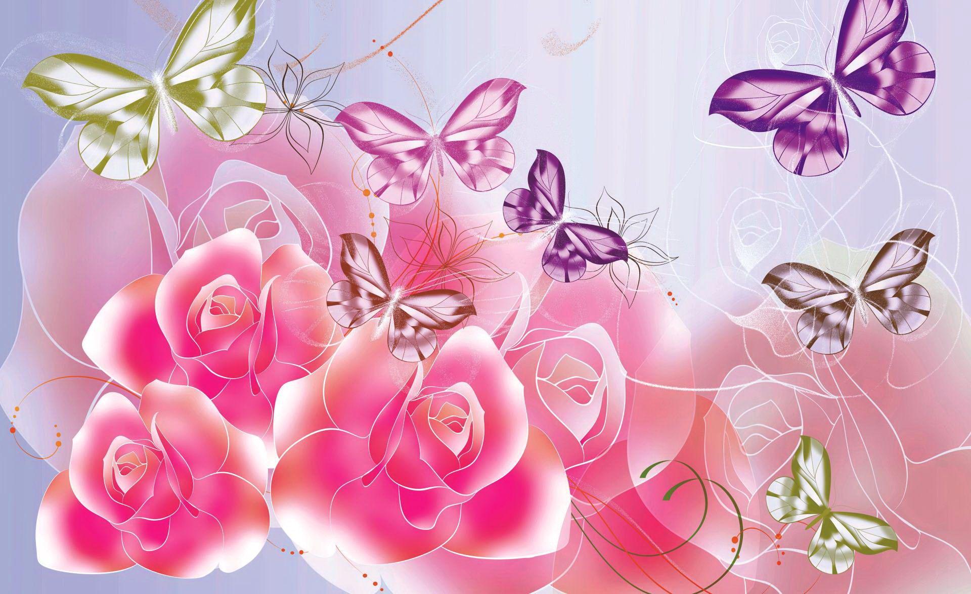 Pink Roses and Butterflies HD Wallpaper. Background Image