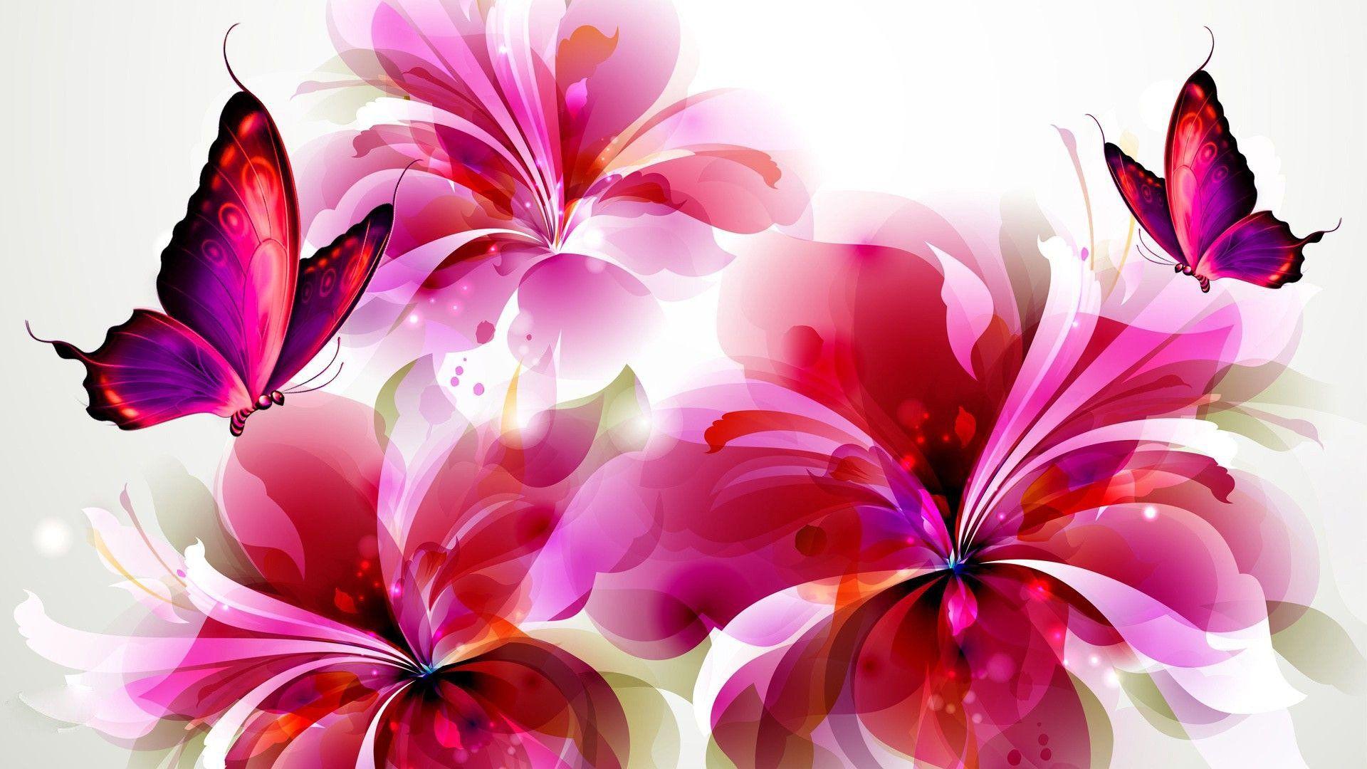 Pink Butterflies With Flowers Wallpaper