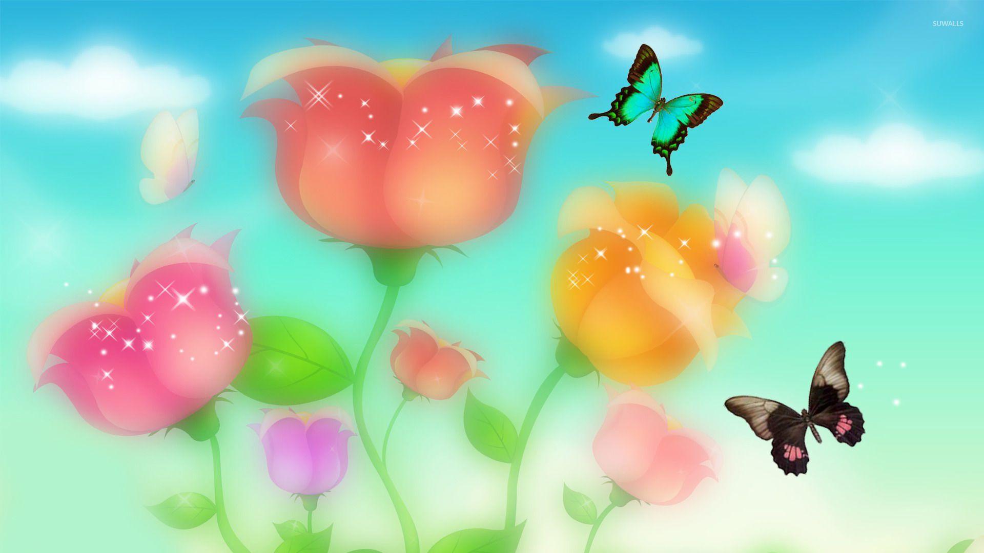 Sparkling roses and butterflies wallpaper Art wallpaper