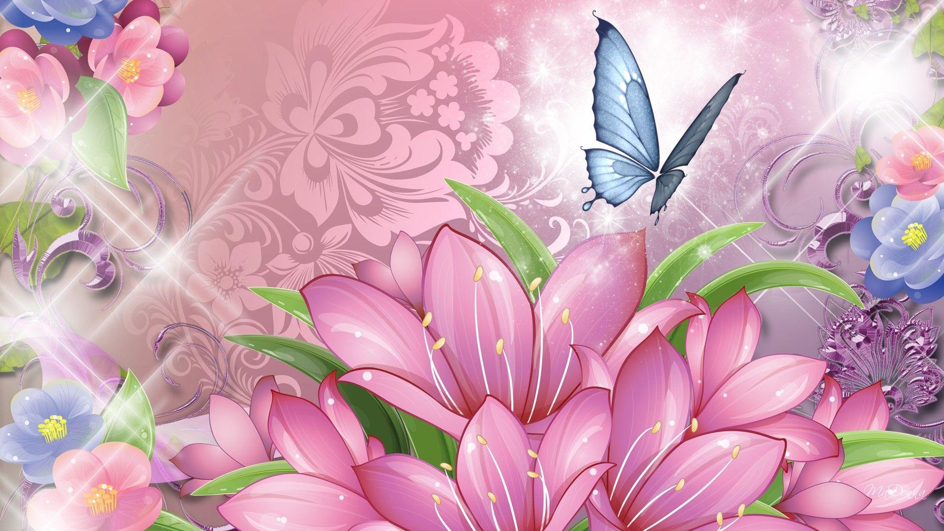 Blue Butterfly and Pink Flowers Wallpaper HD. image from pin it