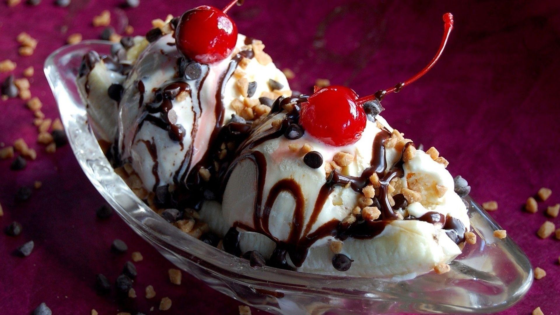 Ice cream with chocolate Nuts and Cherry Wallpaper