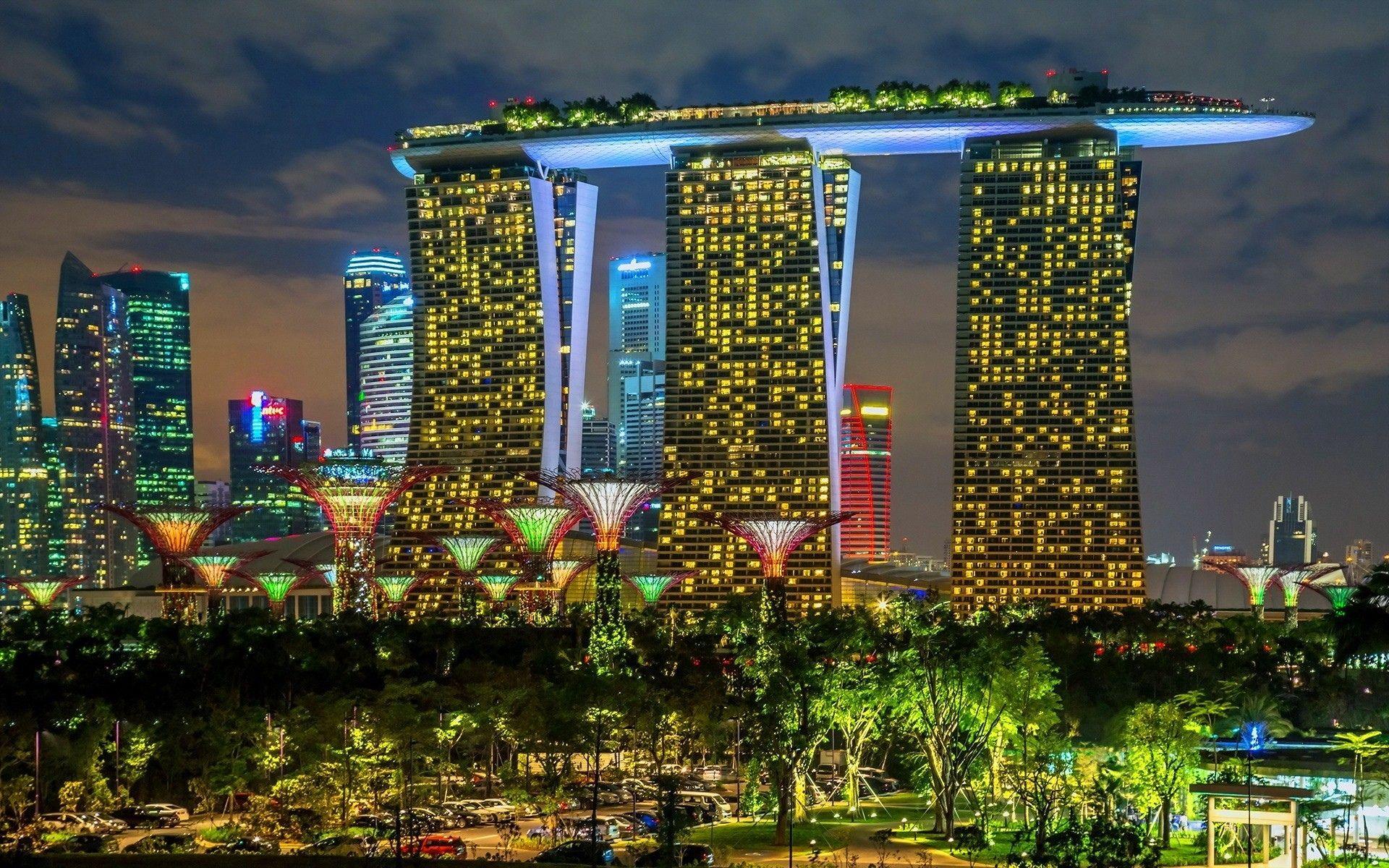 Singapore cities buildings skyscrapers night lights