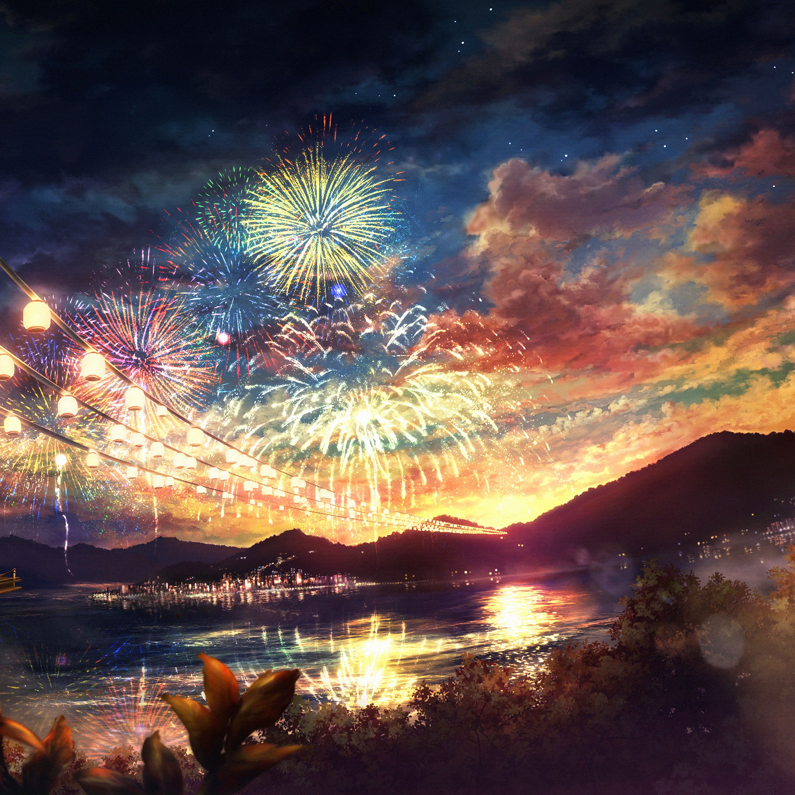 Firework Dark Night Anime Art Illust Wallpaper