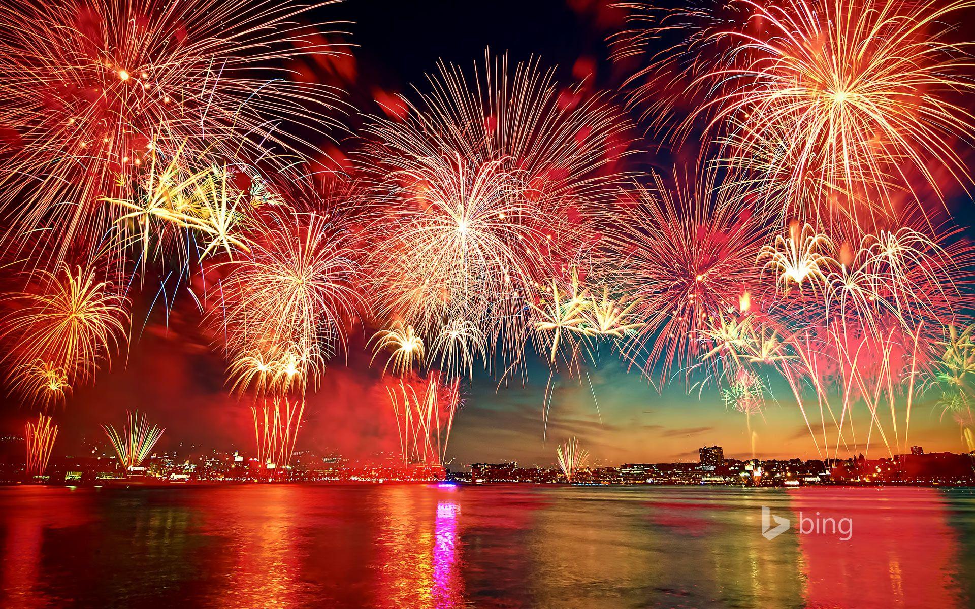 Fireworks display in New York City as seen over the Hudson River