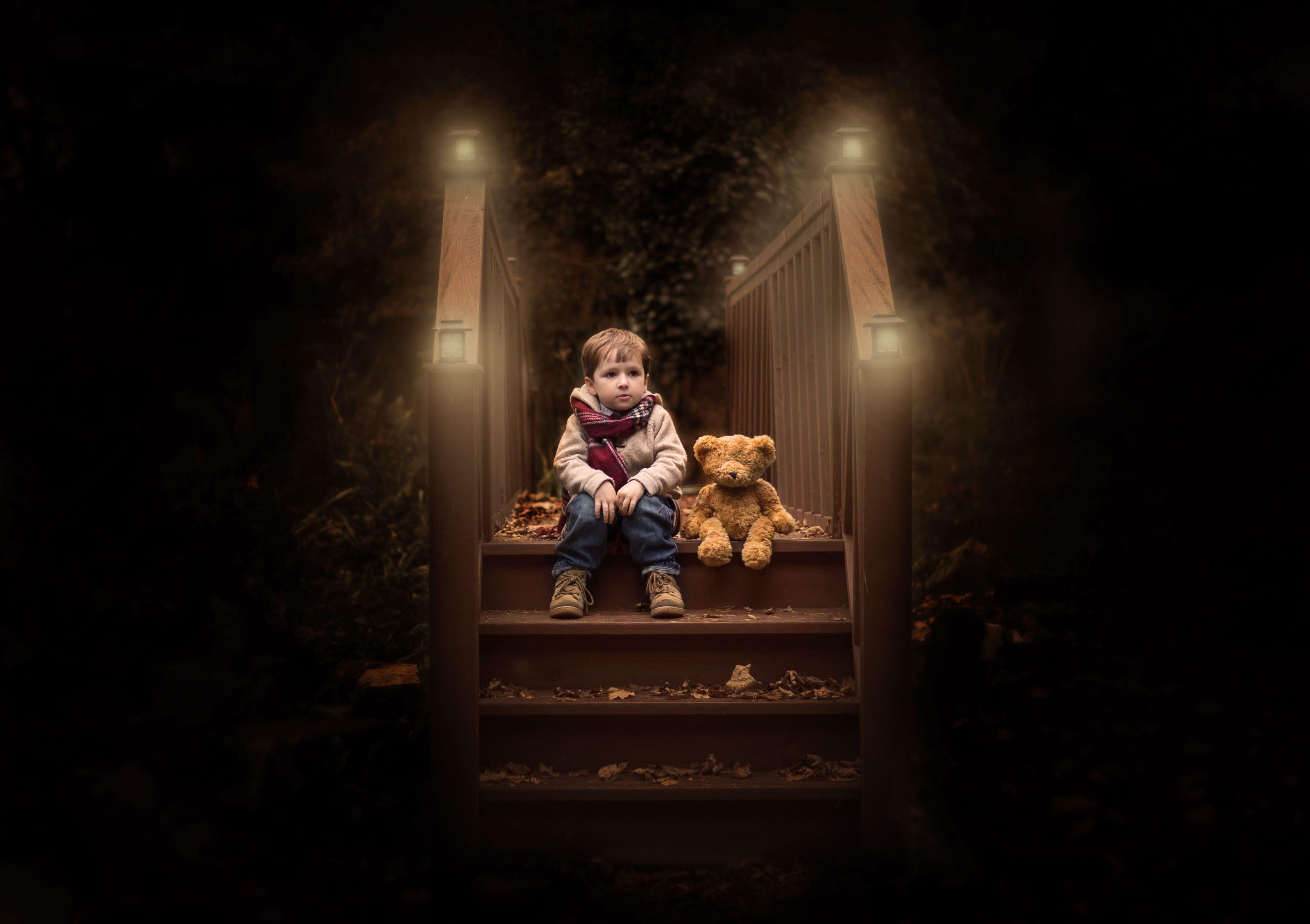 Wallpaper Cute boy, Teddy bear, Wood, Autumn, Foliage, Lights, Alone
