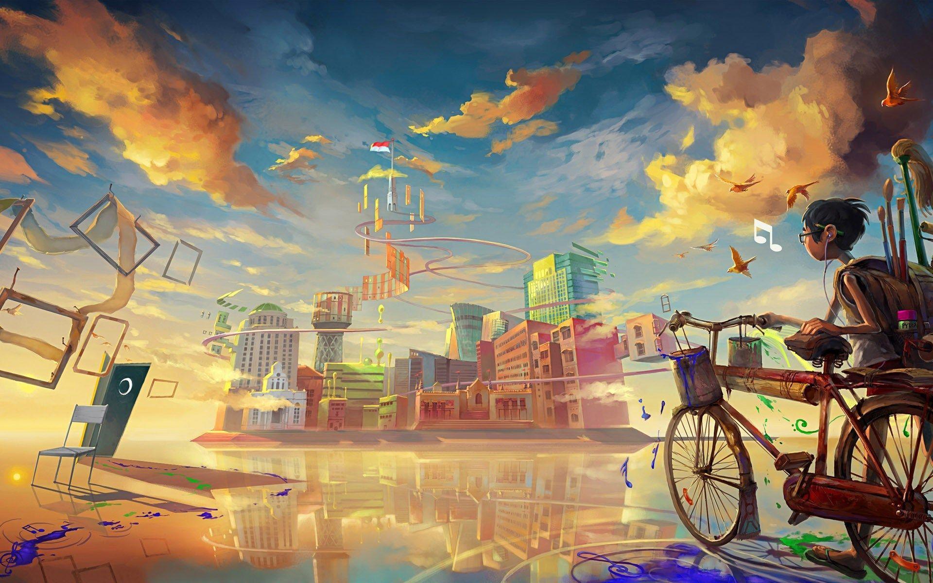 Boy Biccycle City Drawing Paint Art HD Wallpaper. Desktop