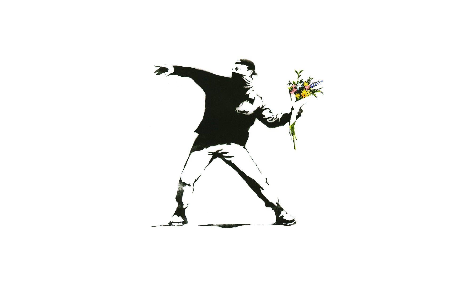 minimalism, White Background, Banksy, Graffiti, Men, Flowers