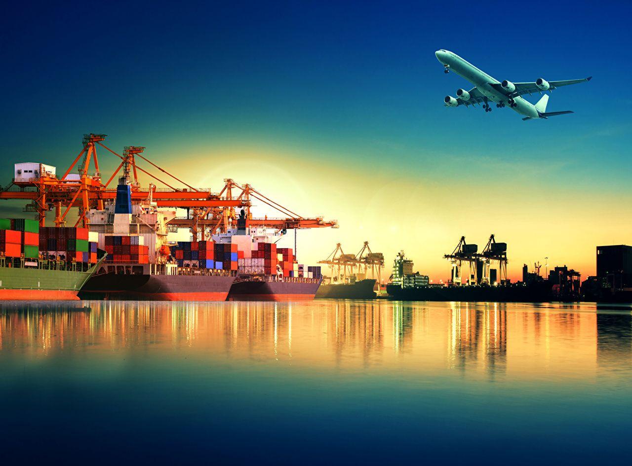Wallpaper Airplane Container ship Takeoff Ships Berth Flight
