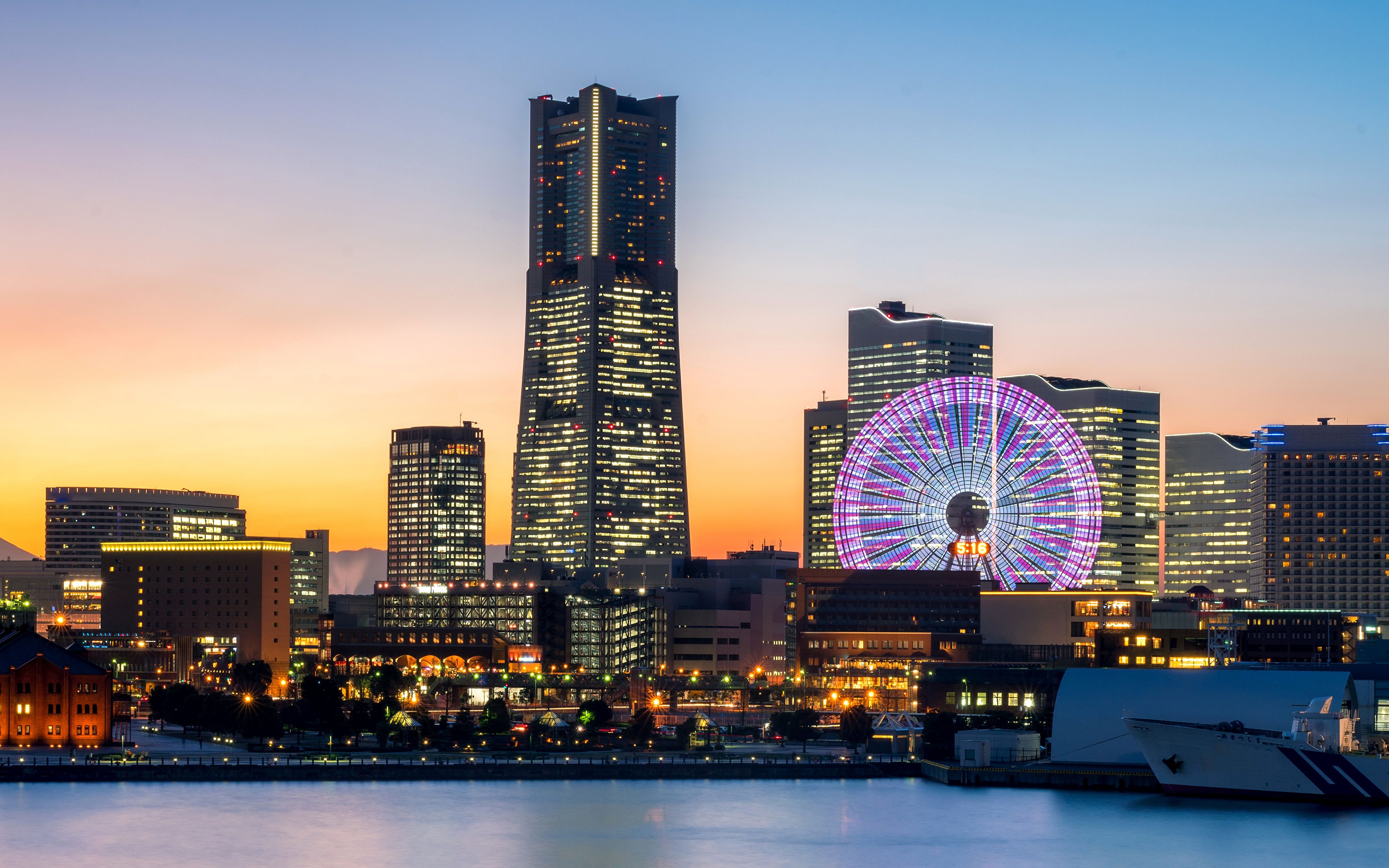 Wallpaper Japan Yokohama Ferris wheel Bay Pier Evening 3840x2400