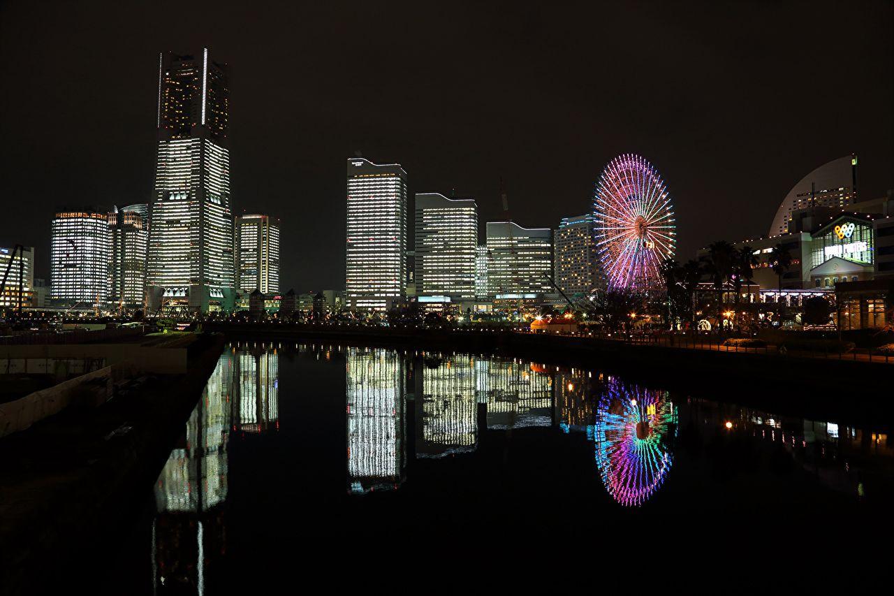 Wallpaper Japan Yokohama Ferris wheel Rivers night time Skyscrapers