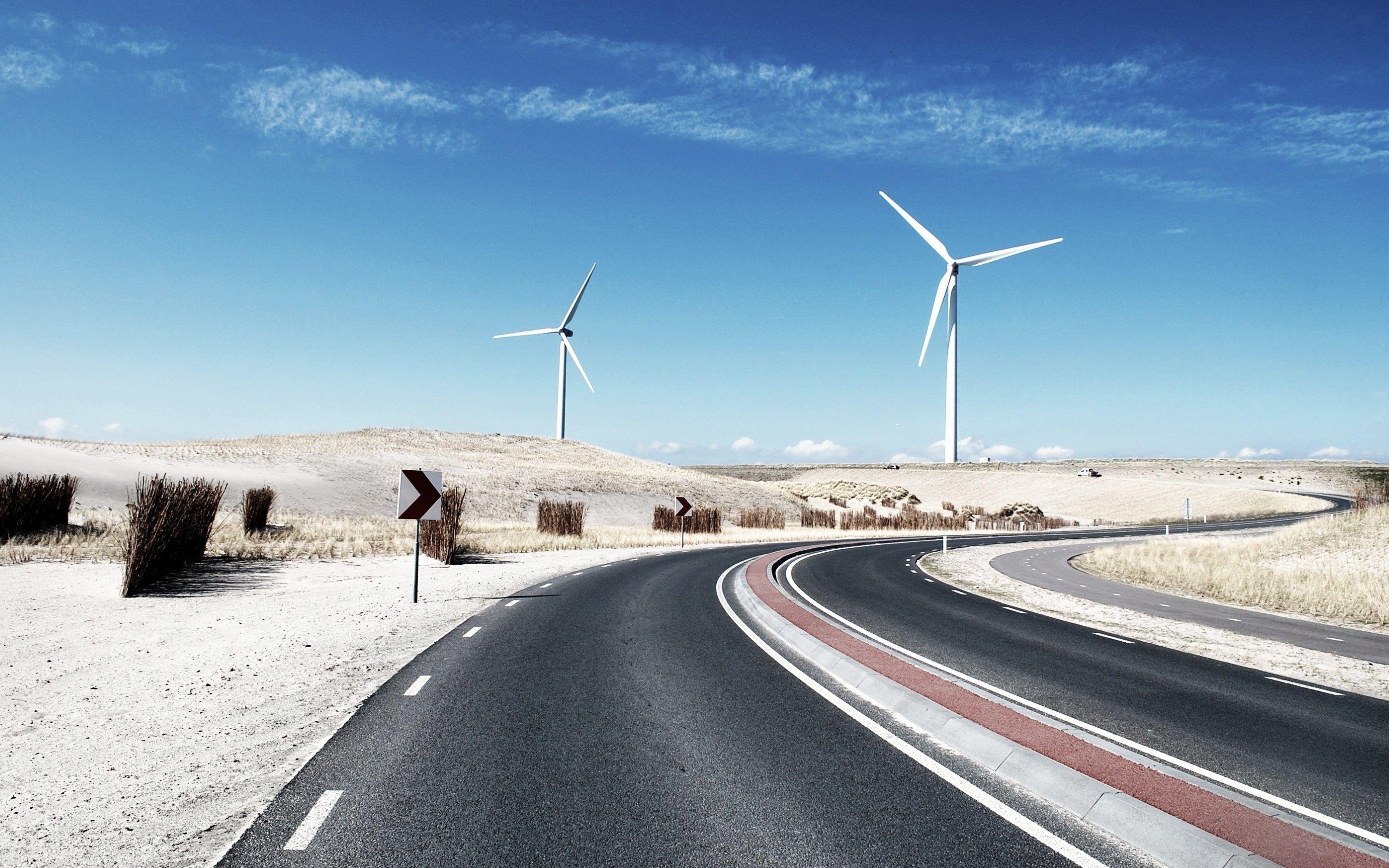 road desert sky landscape planks wind turbine wallpaper and background