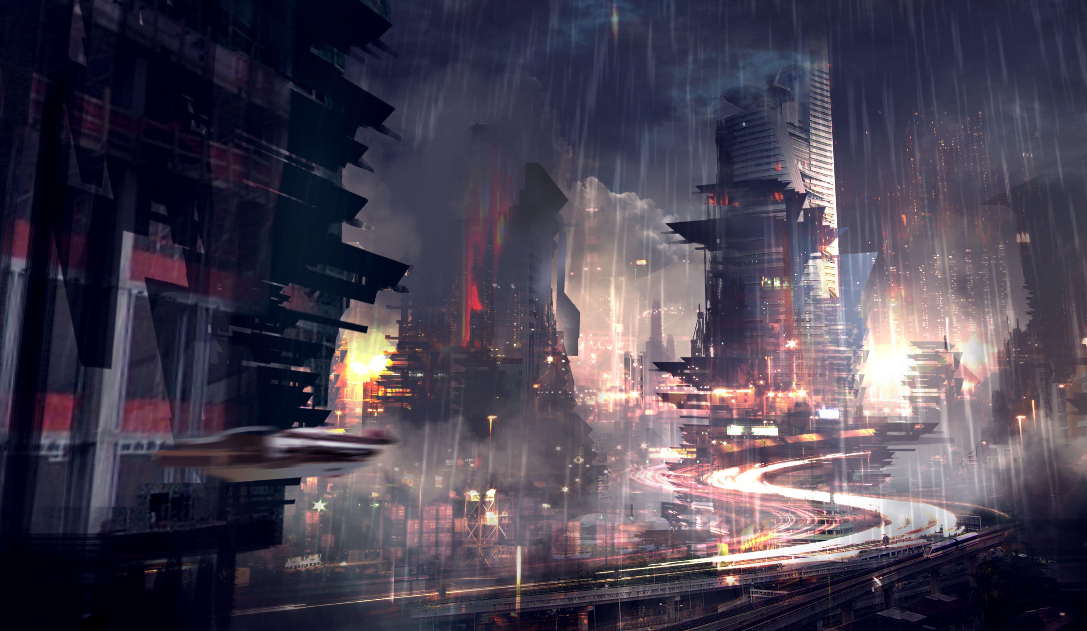 Metro City in the Rain HD Wallpaper. Background Imagex2036