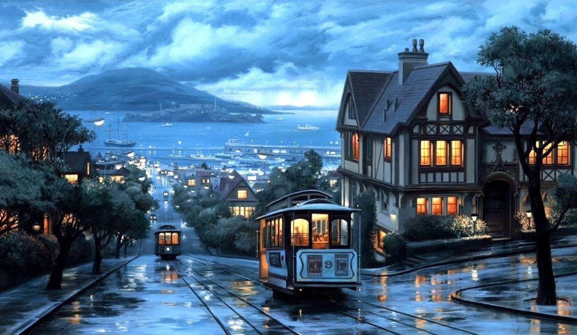 Tram way city rain