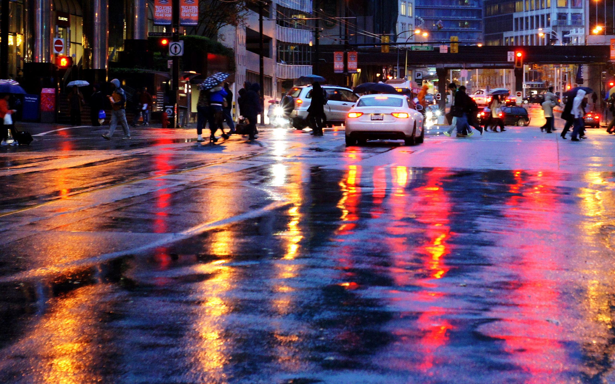 Wallpaper rain, night, city, car, puddle, umbrella desktop wallpaper