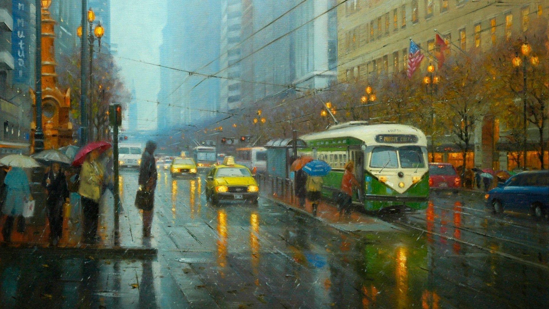Wallpaper rain, city, street, drawing, tram desktop wallpaper