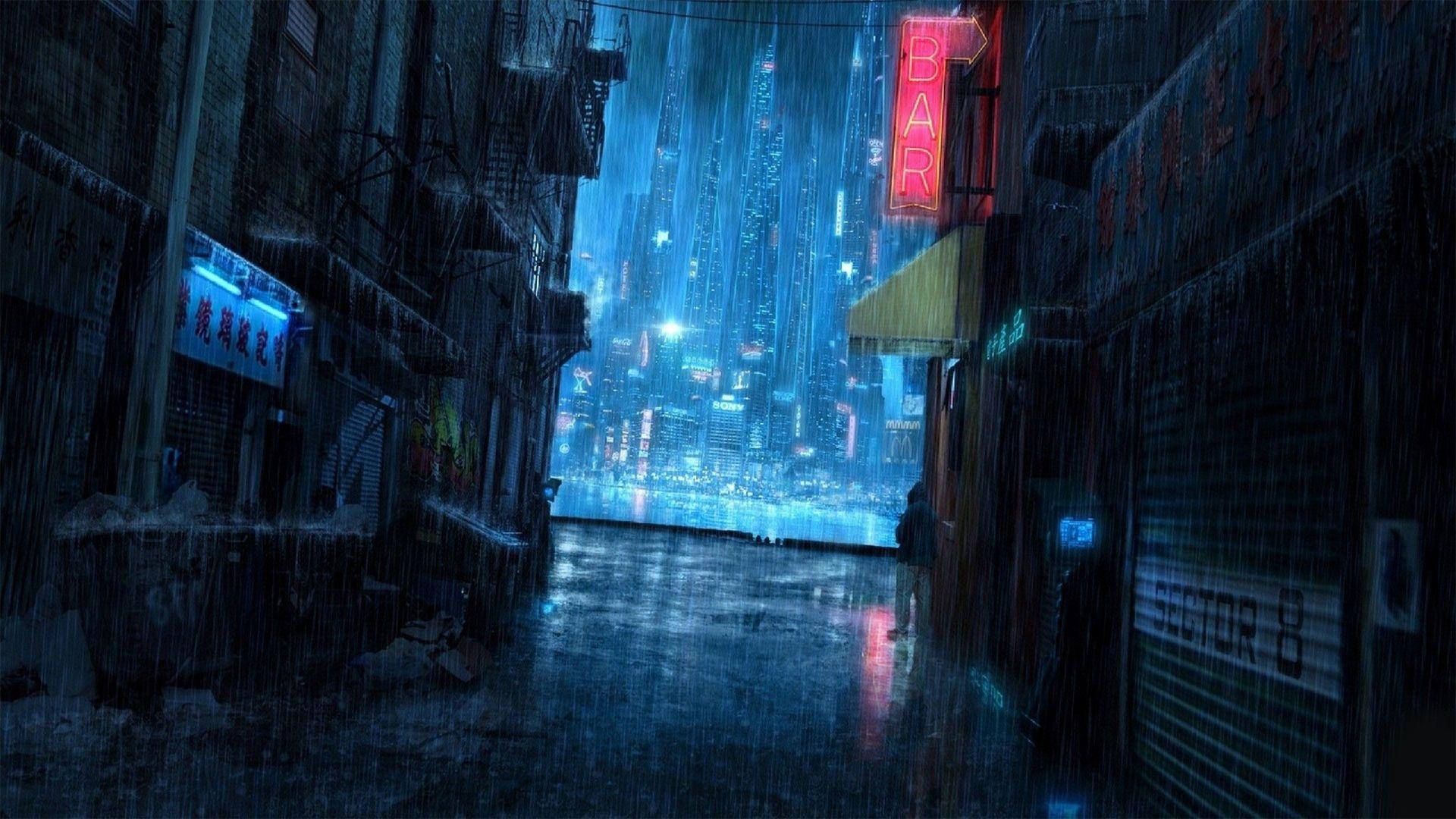 Rain in Night City. Wallpaper from Cyberpunk 2077