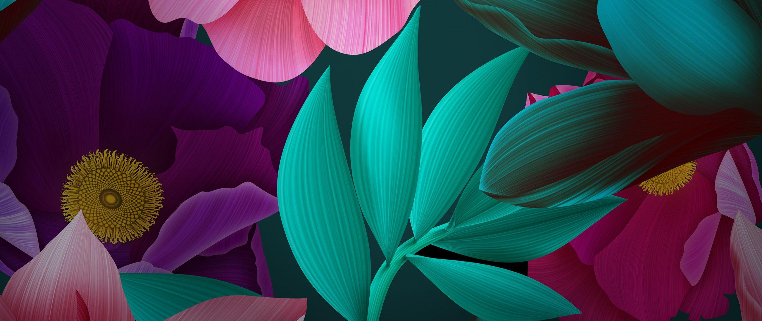 Download 2560x1080 Wallpaper Flowers, Leaves, Huawei Mate Stock