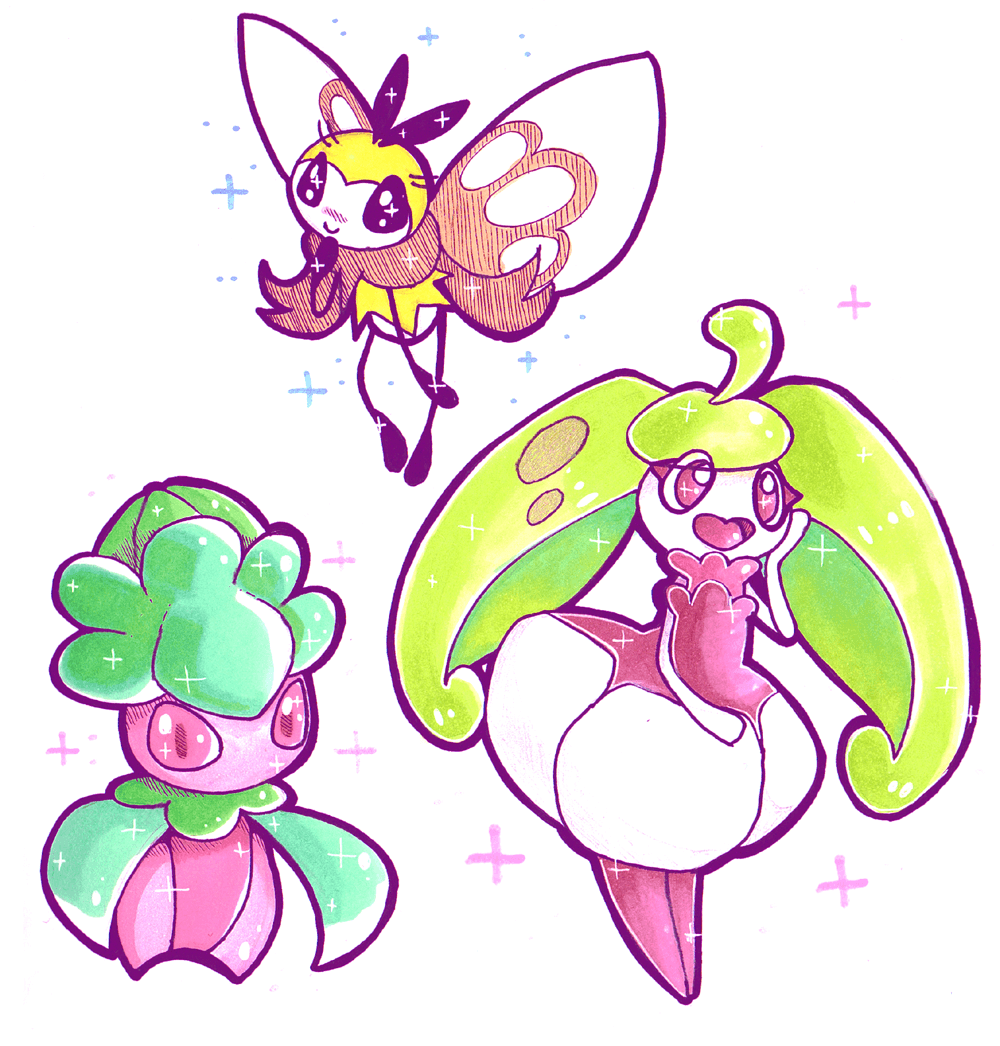 Fomantis, Ribombee, and Steenee. Pokemon 3. Pokémon