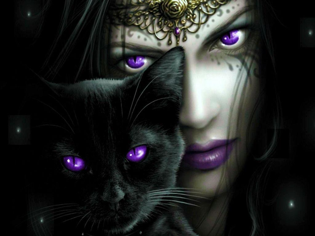 Cats Wallpaper Art With A Nice Girl And Black Cat Both Purple Eyes
