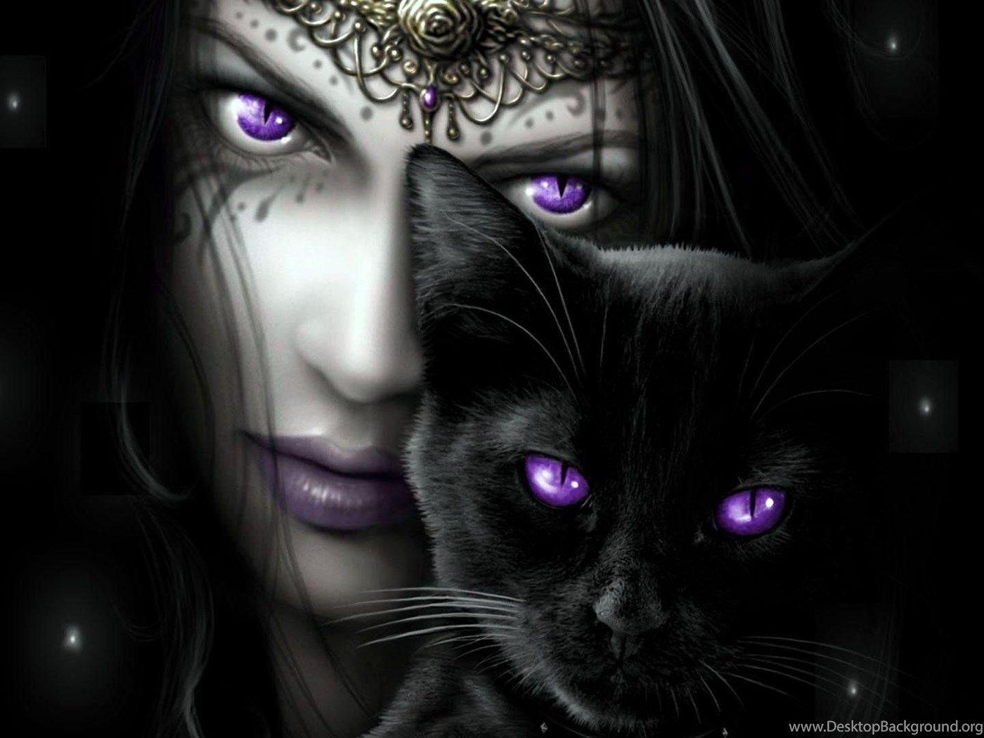 Purple Eyed Woman With Her Black Cat Wallpaper Fantasy. Desktop