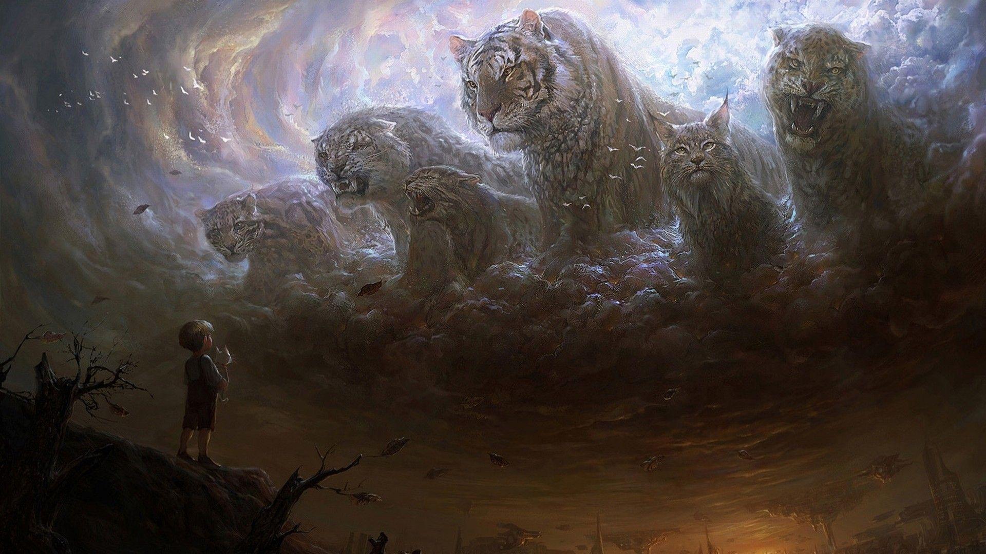 children artwork fantasy art digital art tiger clouds futuristic cat