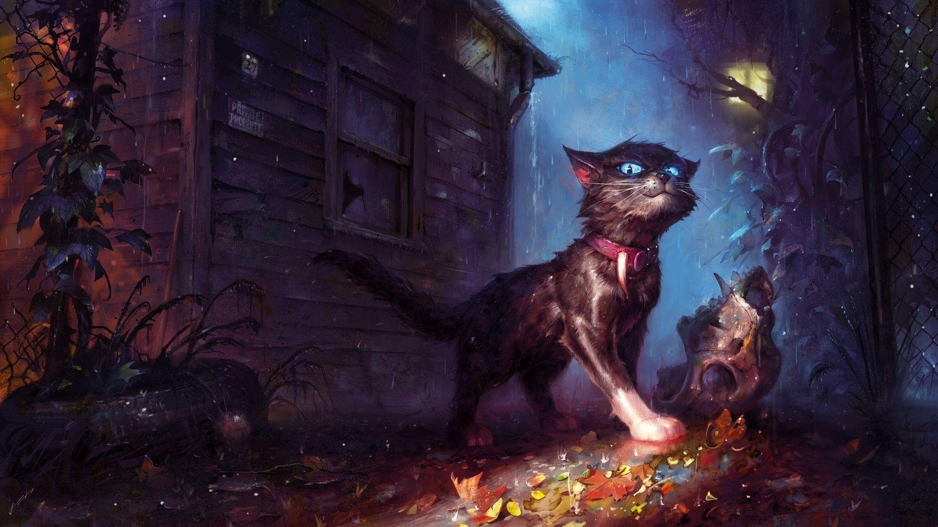 Download 1920x1080 Creepy Cat, Fantasy Pets, Raining, Autumn