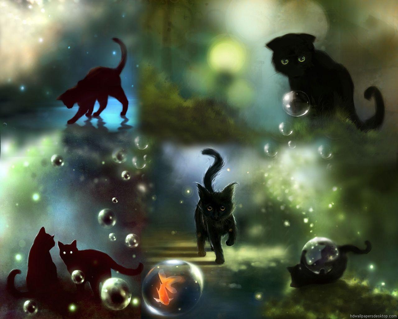 Fantasy Art Wallpaper Hq 1280x1024 Black Cat Drawings Background