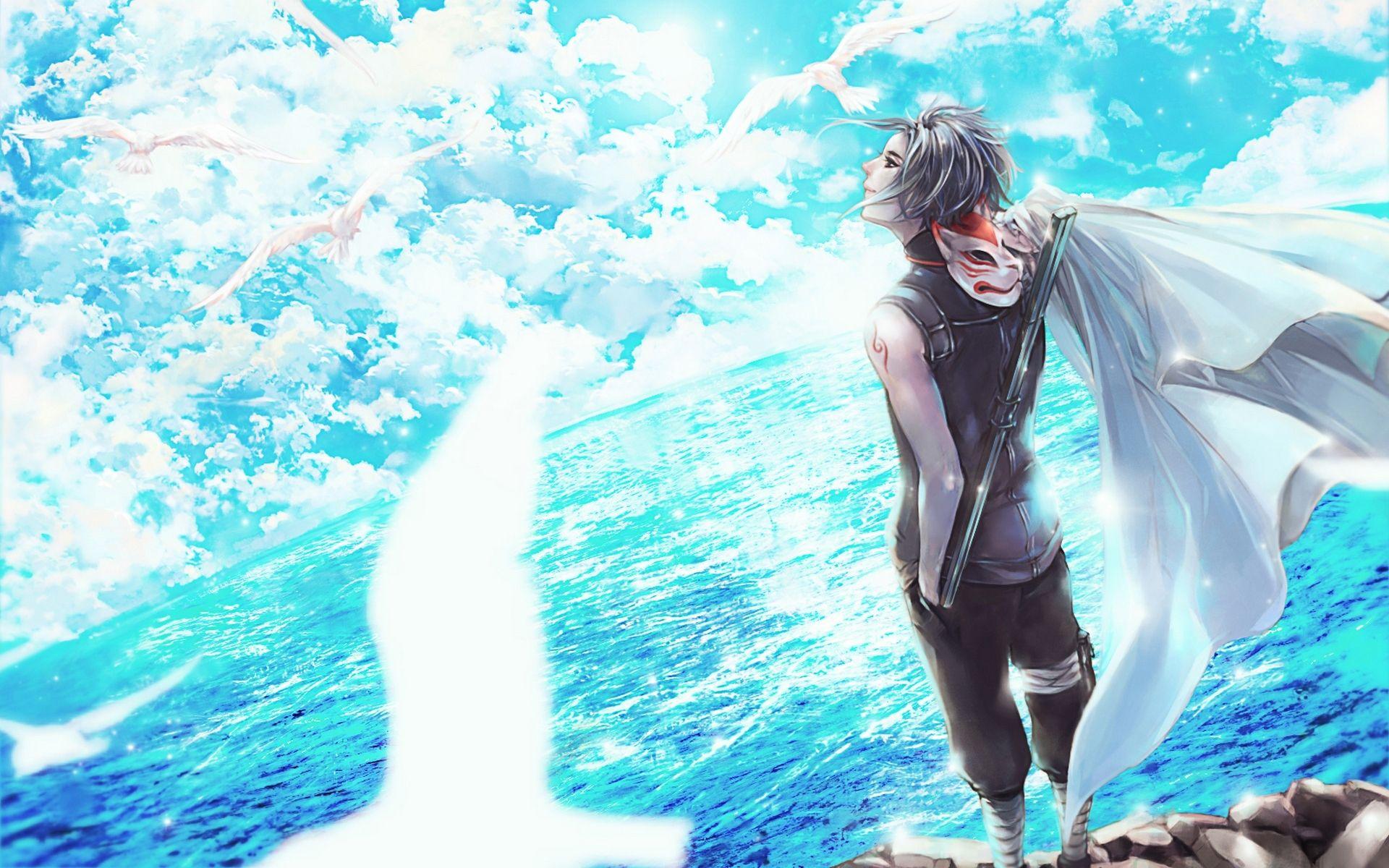 Download wallpaper the sky, clouds, birds, smile, the ocean, anime