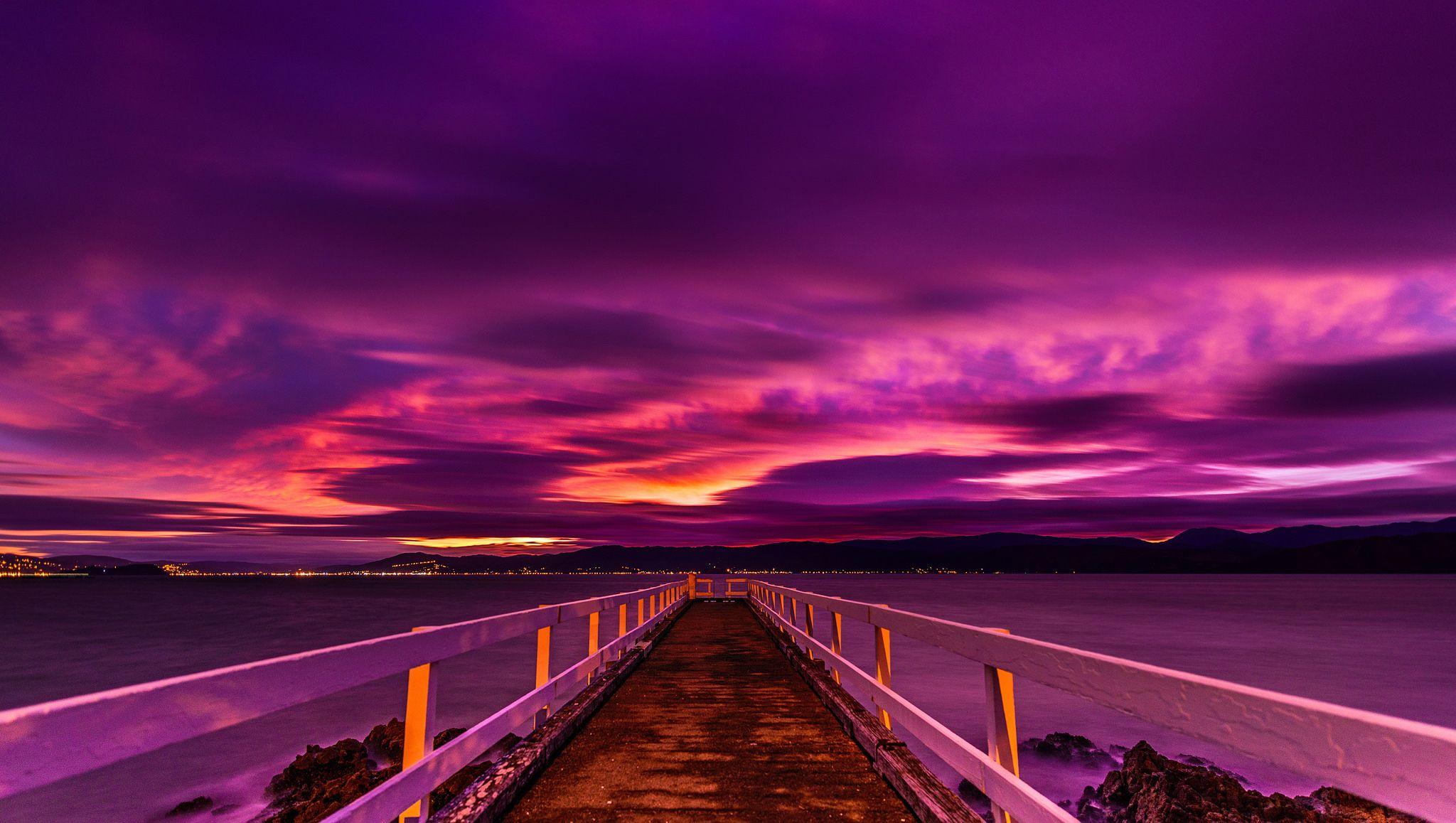 Purple Sunset over Pier HD Wallpaper. Background Image